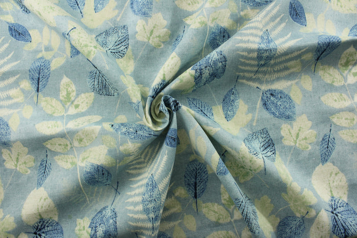 PK Lifestyles© Outdoor Farm House Leaf in Chambray features a printed leaf design with shades of blue, green, and white, providing a refreshing and calming feel to any space. Made with durability in mind, it boasts a rating of 51,000 double rubs, ensuring long-lasting use.&nbsp; Great for<span data-mce-fragment="1">&nbsp;cushions, tablecloths, upholstery projects, decorative pillows and craft projects.&nbsp; Recommended to store away when not in use.</span>