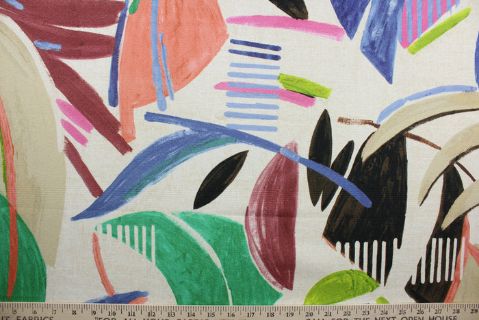 Conga features a large-scale botanical print in green, pink, orange, blue, brown and tan.  Its soil and stain repellant finish ensures long-lasting quality and easy maintenance.  The versatile fabric is perfect for window accents (draperies, valances, curtains and swags) cornice boards, accent pillows, bedding, headboards, cushions, ottomans, slipcovers and upholstery.