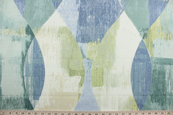 Jax is a multi use fabric featuring a contemporary abstract pattern with a soil and stain repellant finish.  It can be used for several different statement projects including window accents (drapery, curtains and swags), decorative pillows, hand bags, bed skirts, duvet covers, upholstery and craft projects.  It has a soft workable feel yet is stable and has a durability rating of 50,000 heavy duty double rubs.  Colors included are spa green, dusty blue, sky blue, ivory and antique white.