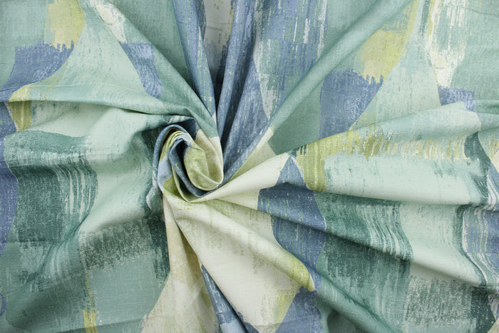 Jax is a multi use fabric featuring a contemporary abstract pattern with a soil and stain repellant finish.  It can be used for several different statement projects including window accents (drapery, curtains and swags), decorative pillows, hand bags, bed skirts, duvet covers, upholstery and craft projects.  It has a soft workable feel yet is stable and has a durability rating of 50,000 heavy duty double rubs.  Colors included are spa green, dusty blue, sky blue, ivory and antique white.