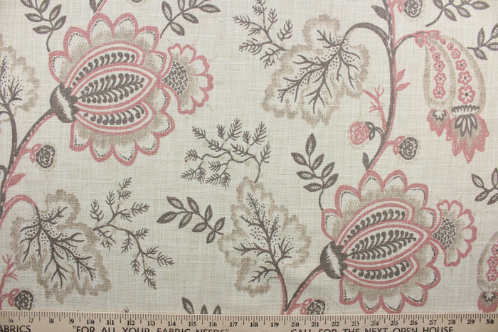 South Point features an intricate array of gray and coral flowers on a beige background.  The fabric is designed to be soil and stain repellant, with a durability rating of 15,000 double rubs.  The versatile fabric is perfect for window accents (draperies, valances, curtains and swags) cornice boards, accent pillows, bedding, headboards, cushions, ottomans, slipcovers and upholstery.
