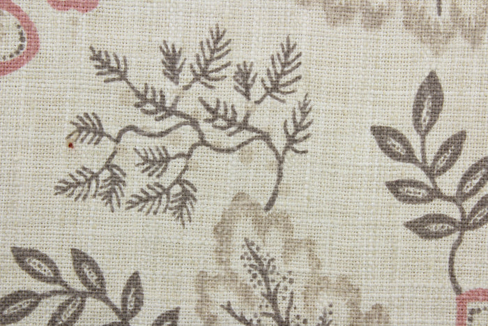 South Point features an intricate array of gray and coral flowers on a beige background.  The fabric is designed to be soil and stain repellant, with a durability rating of 15,000 double rubs.  The versatile fabric is perfect for window accents (draperies, valances, curtains and swags) cornice boards, accent pillows, bedding, headboards, cushions, ottomans, slipcovers and upholstery.