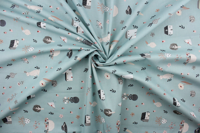 Happy Home is a whimsical house print featuring trees, flowers, rabbits, and hats in varying shades of pink, white, black, gray, and red against a soft green background.  Perfect for any living space, it is sure to bring a splash of joy to your home. The high-quality cotton material ensures lasting durability and softness. The versatile lightweight fabric is soft and easy to sew.  It would be great for apparel, quilting, crafting and sewing projects.
