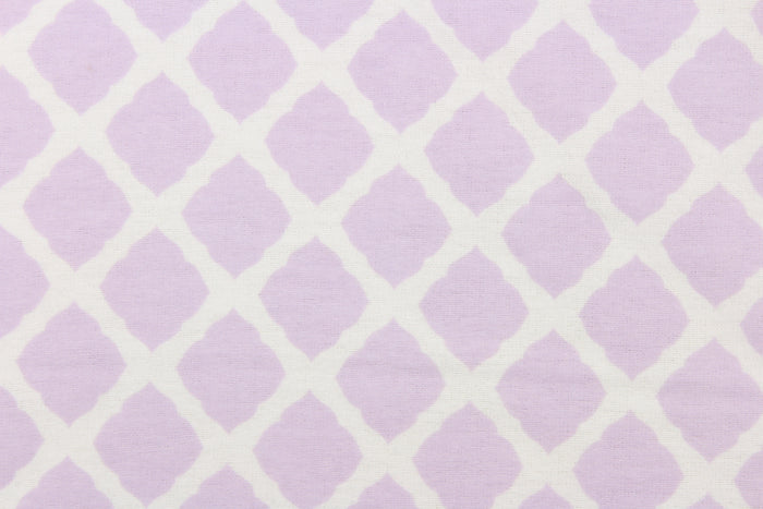 This printed flannel features a lattice design in white and lavendar.  Uses include apparel, bedding, pillows, home decor and crafting.  This fabric has a soft workable feel.