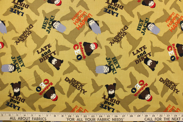A duck dynasty character and saying design in brown, black, orange, green, gray, red, blue, tan and white .