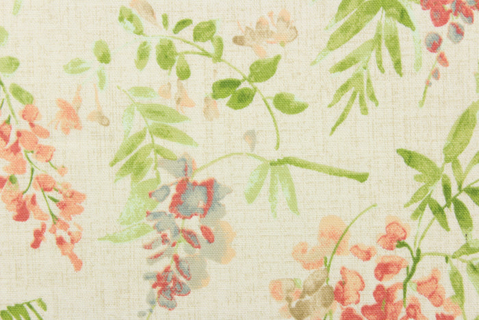 This fabric features a floral design in pink, blue , beige, green, and peach against a off white  background.