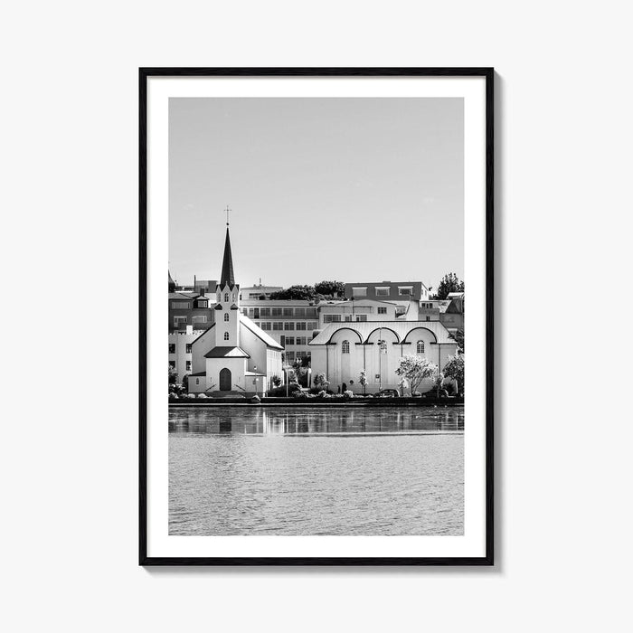 Reykjavik Black and White Fine Art Photo Print, Iceland City Center Lake Wall Poster