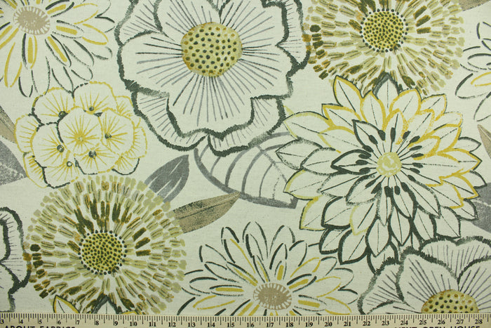 Laurent offers a large floral design in the colors of golden yellow, grey and taupe on a natural background.  It can be used for several different statement projects including window accents (drapery, curtains and swags), decorative pillows, hand bags, bed skirts, duvet covers, light duty upholstery and craft projects.  It has a soft workable feel yet is stable and has a durability of 15,000 double rubs.