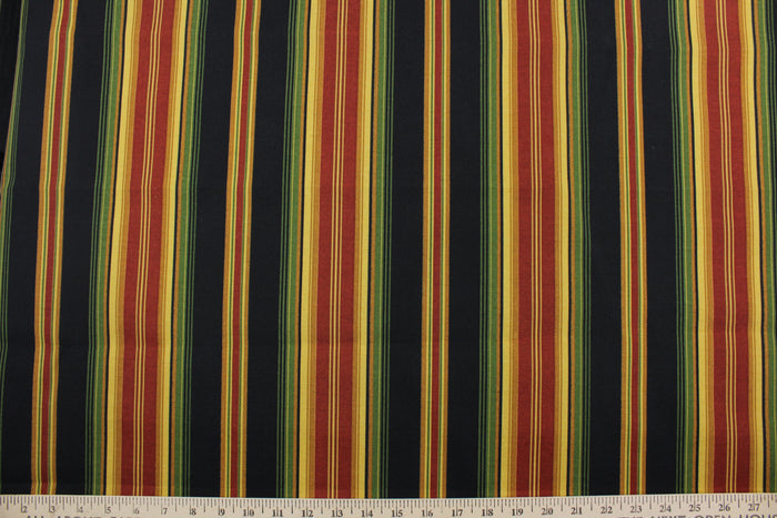 This Richloom© Lyndhurst in Raven multipurpose outdoor fabric adds a unique style to any space, featuring stripes of green, black, yellow, brick red, and goldenrod.  Durable and long-lasting, it is rated for 10,000 double rubs.  Can withstand up to 500 hours of direct sunlight, it is also water and stain resistant.  Perfect for patio, deck and poolside.  It can be used for several different statement projects including cushions, upholstery projects and decorative pillows.