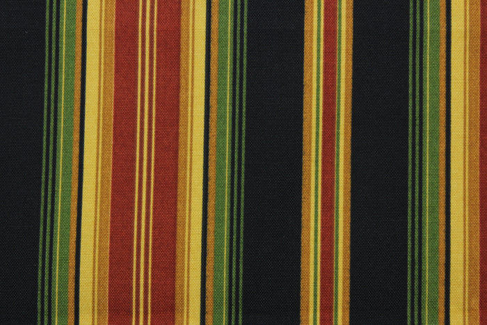 This Richloom© Lyndhurst in Raven multipurpose outdoor fabric adds a unique style to any space, featuring stripes of green, black, yellow, brick red, and goldenrod.  Durable and long-lasting, it is rated for 10,000 double rubs.  Can withstand up to 500 hours of direct sunlight, it is also water and stain resistant.  Perfect for patio, deck and poolside.  It can be used for several different statement projects including cushions, upholstery projects and decorative pillows.