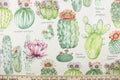 This outdoor fabric features a design of different  cactus in green, orange, purple, and peach with hints golden yellow against white.