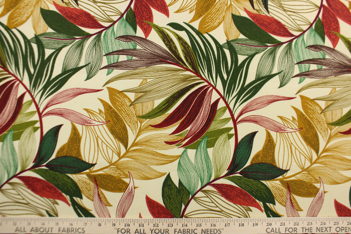 This Solarium outdoor decorative print features a large tropical leaf design in red, green and tan on a beige background.  This versatile, long-lasting fabric can withstand up to 500 hours of sunlight, water and stain resistant and has 10,000 double rubs.  It is perfect for lounge cushions, pool furniture, tablecloths, decorative pillows and upholstery projects.  This fabric has a slightly stiff feel but is easy to work with.