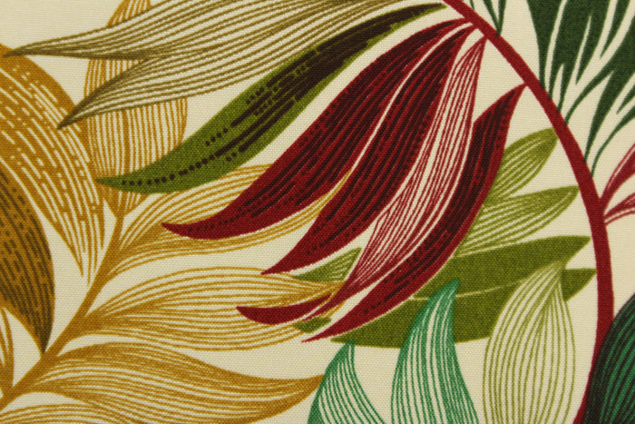 This Solarium outdoor decorative print features a large tropical leaf design in red, green and tan on a beige background.  This versatile, long-lasting fabric can withstand up to 500 hours of sunlight, water and stain resistant and has 10,000 double rubs.  It is perfect for lounge cushions, pool furniture, tablecloths, decorative pillows and upholstery projects.  This fabric has a slightly stiff feel but is easy to work with.