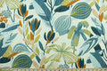 Kacey is a multi use fabric that features a large leaf and floral design in shades of blue, burnt orange, light dusty mauve and golden wheat against a white background.  It can be used for several different statement projects including window accents (drapery, curtains and swags), decorative pillows, hand bags, bed skirts, duvet covers, upholstery and craft projects.  It has a soft workable feel yet is stable and durable.