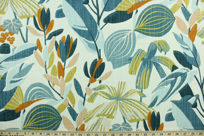 Kacey is a multi use fabric that features a large leaf and floral design in shades of blue, burnt orange, light dusty mauve and golden wheat against a white background.  It can be used for several different statement projects including window accents (drapery, curtains and swags), decorative pillows, hand bags, bed skirts, duvet covers, upholstery and craft projects.  It has a soft workable feel yet is stable and durable.