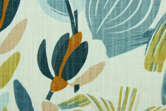 Kacey is a multi use fabric that features a large leaf and floral design in shades of blue, burnt orange, light dusty mauve and golden wheat against a white background.  It can be used for several different statement projects including window accents (drapery, curtains and swags), decorative pillows, hand bags, bed skirts, duvet covers, upholstery and craft projects.  It has a soft workable feel yet is stable and durable.