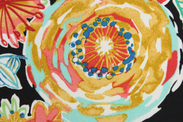 This Solarium outdoor decorative print features a large floral design in the colors of red, dark yellow, blue, white and green on a black background.  This versatile, long-lasting fabric can withstand up to 500 hours of sunlight, water and stain resistant and has 10,000 double rubs.  It is perfect for lounge cushions, pool furniture, tablecloths, decorative pillows and upholstery projects.  This fabric has a slightly stiff feel but is easy to work with.