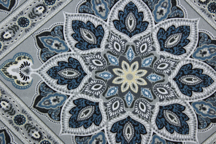 The Richloom Solarium© Medallion in Greystone features a unique geometric medallion print in a palette of grey, blue, and cream tones, making it a perfect choice for any outdoor space.  This versatile, long-lasting fabric can withstand up to 500 hours of sunlight, water and stain resistant and has 10,000 double rubs.  It is perfect for lounge cushions, pool furniture, tablecloths, decorative pillows and upholstery projects.