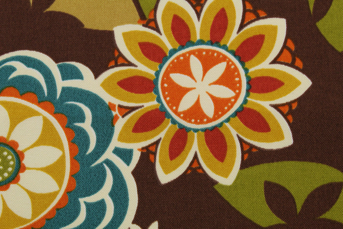 This Richloom© Solarium© Outdoor Annie fabric features a large floral print in vibrant colors including teal, dark red, lemon yellow, burnt orange, tan, olive green, and off-white on a chocolate brown background.&nbsp;It's also stain and water repellant and offers 500 UV hours for long-lasting use.&nbsp; Perfect for lounge cushions, pool furniture, tablecloths, decorative pillows and upholstery projects. <span data-mce-fragment="1">Recommended to store away when not in use.</span>
