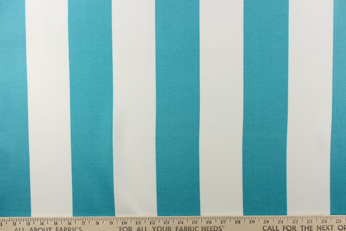 This wide striped fabric in teal and white is perfect for your outdoor décor.