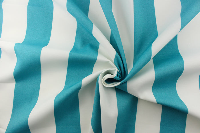 This wide striped fabric in teal and white is perfect for your outdoor décor.