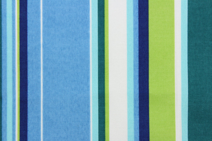 This outdoor fabric features bright stripes in blue, navy blue, lime green, dark green, turquoise, and white.