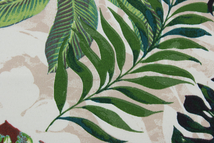 The Richloom Solarium© Piermont in Floral print contains bold, tropical palm leaves in shades of green, beige, black, and brown making it ideal for outdoor multipurpose use.  It has been tested to resist 500 hours of exposure to sunlight.  The fabric is also water and stain resistant.  Perfect for porches, patios and pool side.  Uses include toss pillows, cushions, upholstery, tote bags and more.