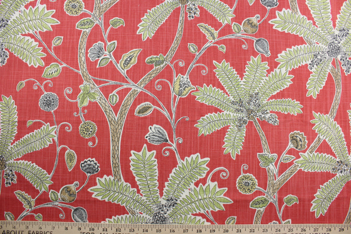 Robert Allen© Indienne Ink in Coral is a multi-purpose fabric featuring palm trees and plants. With a coral background and brown, green, and white accents, it's sure to draw the eye.  It's also incredibly durable, boasting 65,000 double rubs and a soil and stain repellant finish.  It can be used for several different statement projects including window accents (drapery, curtains and swags), toss pillows, headboards, bed skirts, duvet covers, upholstery, and more.