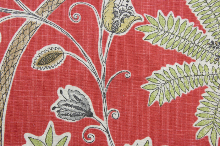 Robert Allen© Indienne Ink in Coral is a multi-purpose fabric featuring palm trees and plants. With a coral background and brown, green, and white accents, it's sure to draw the eye.  It's also incredibly durable, boasting 65,000 double rubs and a soil and stain repellant finish.  It can be used for several different statement projects including window accents (drapery, curtains and swags), toss pillows, headboards, bed skirts, duvet covers, upholstery, and more.