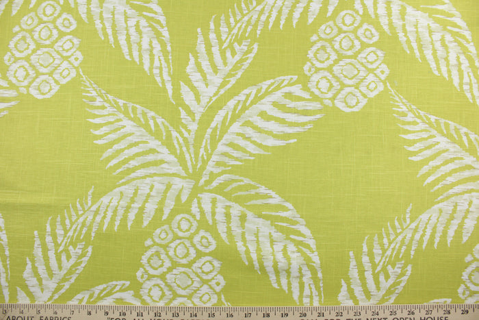 This Robert Allen© Pina fabric is the perfect addition to any home. The multipurpose linen blend adds an elegant texture, while its distinct pattern features white pineapples against a peridot background to add a natural beauty to any room. It can be used for several different statement projects including window accents (drapery, curtains and swags), toss pillows, headboards, bed skirts, duvet covers and light upholstery.