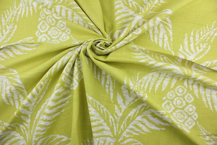 This Robert Allen© Pina fabric is the perfect addition to any home. The multipurpose linen blend adds an elegant texture, while its distinct pattern features white pineapples against a peridot background to add a natural beauty to any room. It can be used for several different statement projects including window accents (drapery, curtains and swags), toss pillows, headboards, bed skirts, duvet covers and light upholstery.