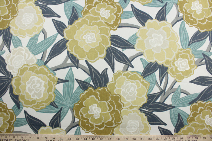 The Robert Allen© Peony Vine in Dew is the perfect multi-use fabric for any project.  Beautiful peony vine detailing in jade, seafoam green, steel blue, gray, tan, and yellow on an off white background.  Boasting 100,000 double rubs this fabric is durable.  It can be used for several different statement projects including window accents (drapery, curtains and swags), toss pillows, headboards, bed skirts, duvet covers and upholstery.