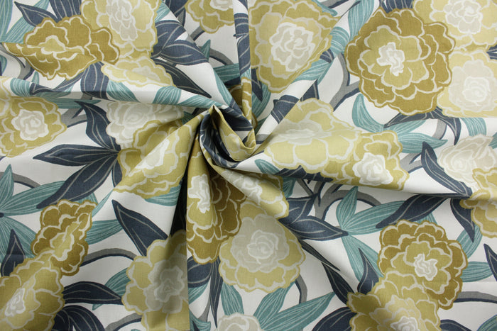 The Robert Allen© Peony Vine in Dew is the perfect multi-use fabric for any project.  Beautiful peony vine detailing in jade, seafoam green, steel blue, gray, tan, and yellow on an off white background.  Boasting 100,000 double rubs this fabric is durable.  It can be used for several different statement projects including window accents (drapery, curtains and swags), toss pillows, headboards, bed skirts, duvet covers and upholstery.