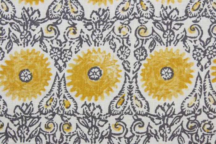 This Robert Allen© Riya in Yellow multipurpose fabric is the perfect choice for your next project. Made of a linen blend, it features an ornamental design in yellow, gray, and white.  Its soil and stain resistance provide an easy-care fabric that looks great for years to come.  It can be used for several different statement projects including window accents (drapery, curtains and swags), toss pillows, headboards, bed skirts, duvet covers, upholstery, and more.