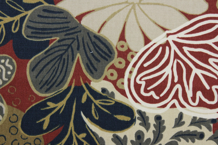 Robert Allen© Zomper in Henna is a beautiful large floral print fabric featuring rust, shades of tan, dark navy blue, white, and gray. The soil and stain repellent finish make it suitable for any environment, and its durability rating of 100,000 double rubs ensures it will withstand the test of time.  It can be used for several different statement projects including window accents (drapery, curtains and swags), toss pillows, headboards, bed skirts, duvet covers and upholstery.