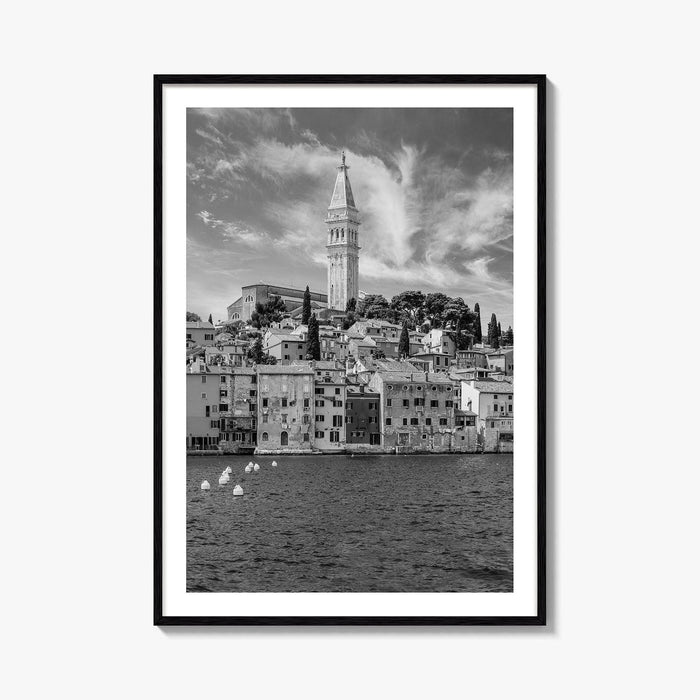 Rovinj Black and White Fine Art Photo Print, Old Town Harbor, Istria Croatia Poster