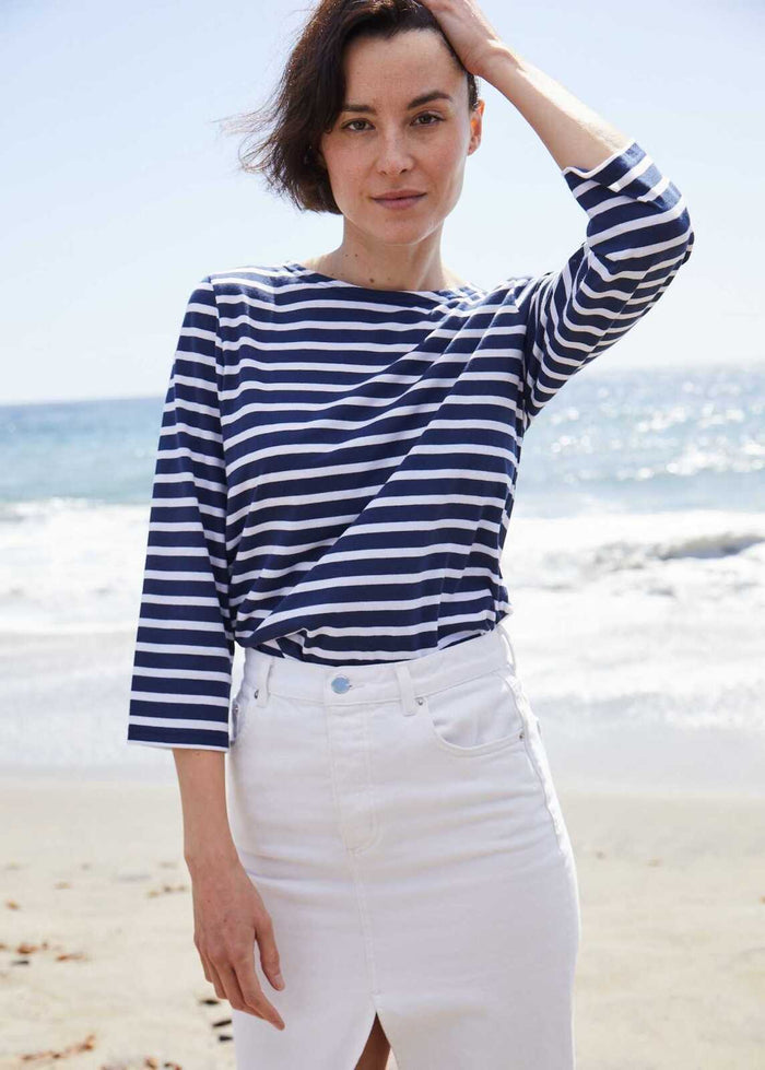 Saint James Breton Stripe Galathée ll 3/4-Sleeve T-Shirt - navy and white stripe