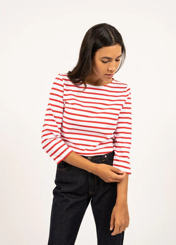 Saint James Breton Stripe Galathée ll 3/4-Sleeve T-Shirt - red and white stripe