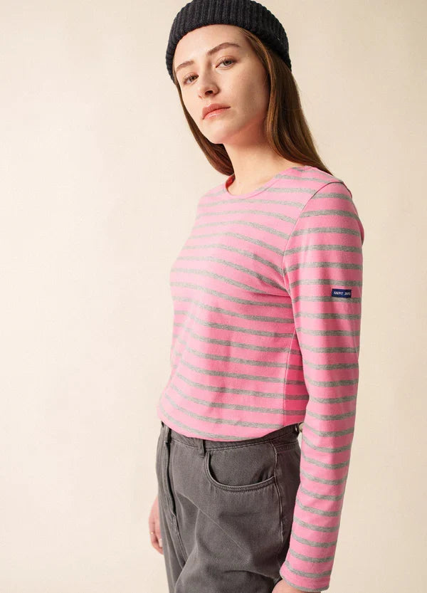 Saint James Breton Stripe Minquidame Long-Sleeve T-Shirt - pink and grey stripe
