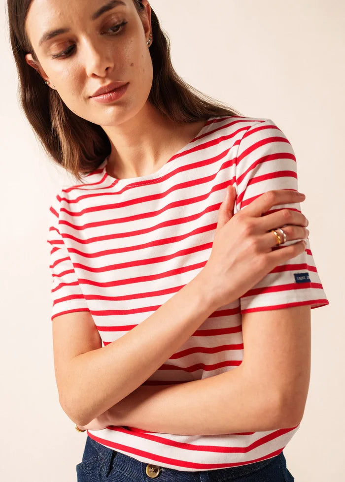 Saint James Breton Stripe Short-Sleeve T-Shirt - white with red stripes
