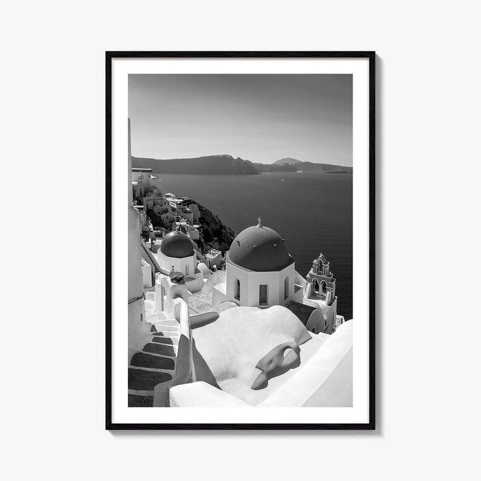 Santorini Black and White Fine Art Photo Print, Oia Greece Blue Domes Poster