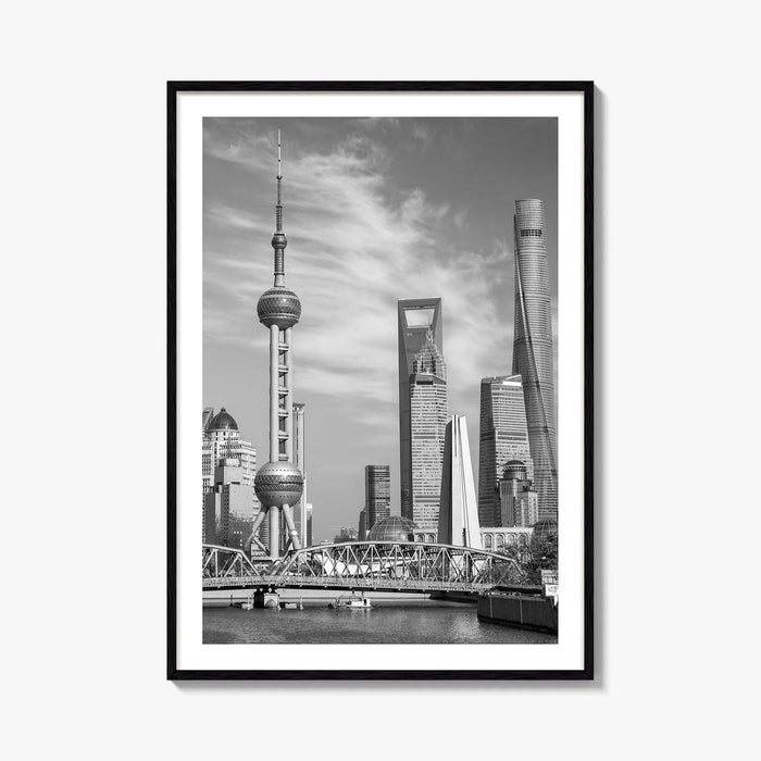 Shanghai Skyline Black and White Fine Art Photo Print, Waibaidu Bridge, China Wall Decor