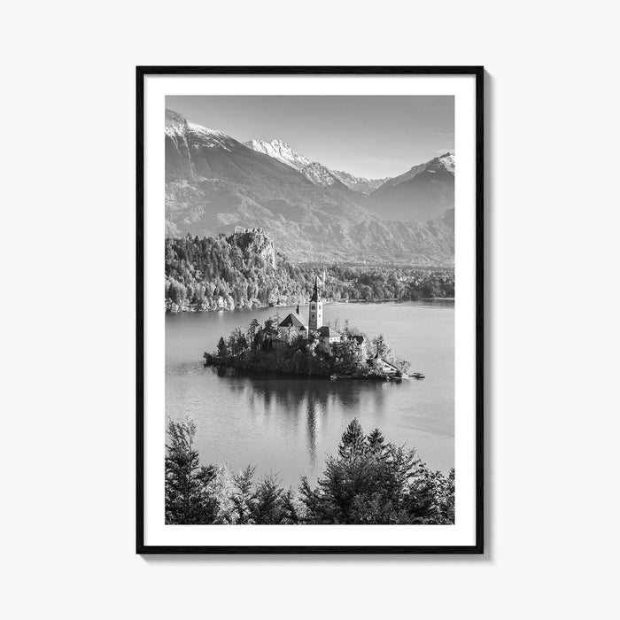 Lake Bled Black and White Fine Art Photo Print, Slovenia Wall Poster, Julian Alps
