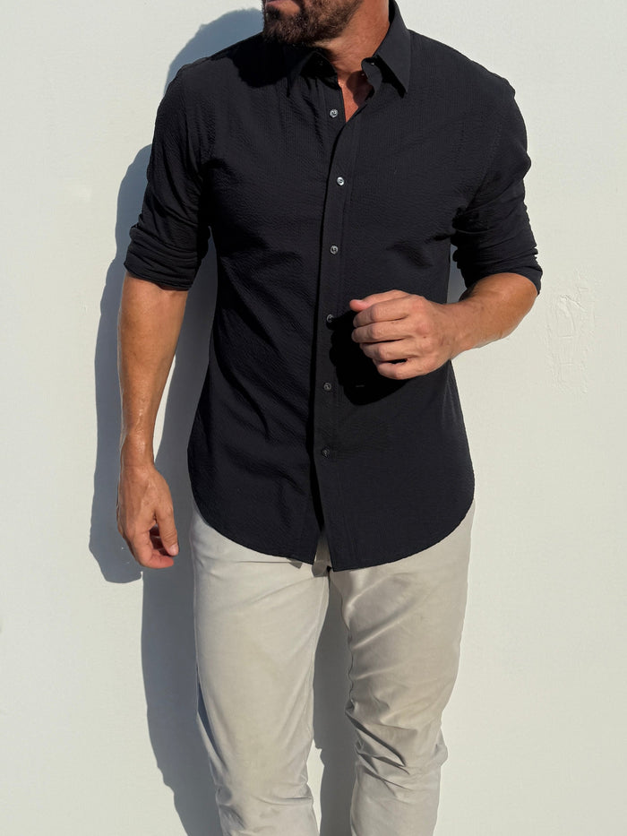 Solid Seersucker Long Sleeve - Black