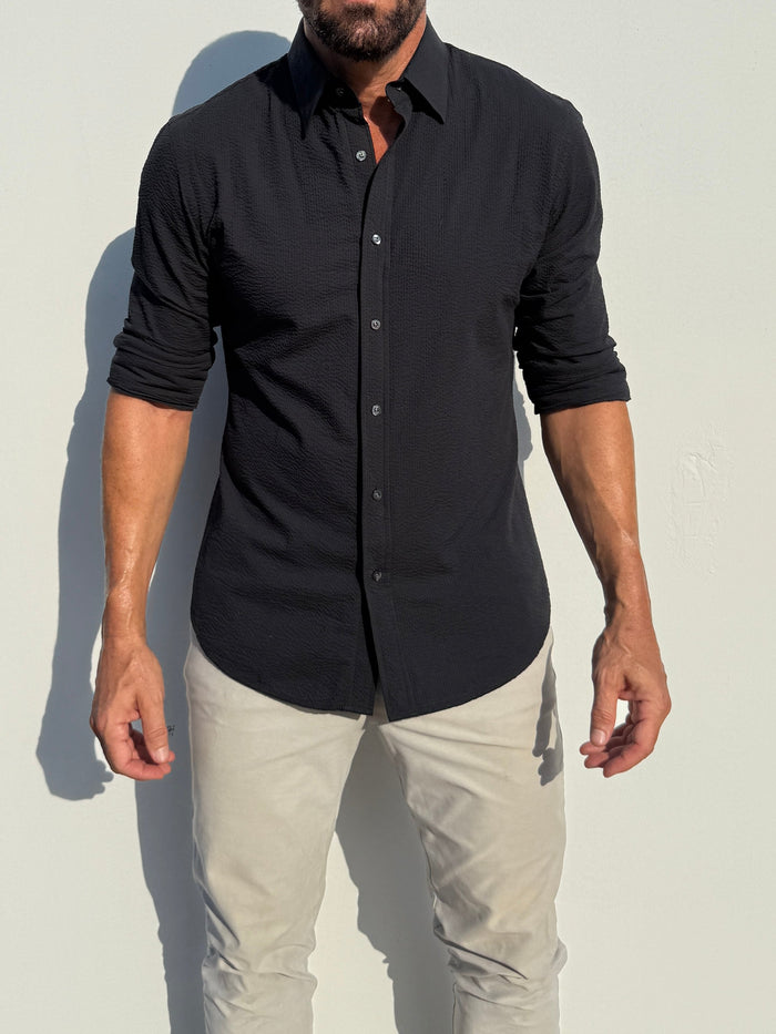 Solid Seersucker Long Sleeve - Black