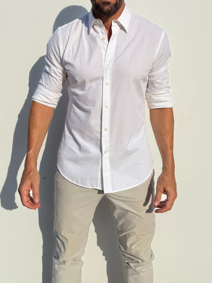 Solid Seersucker Long Sleeve - White