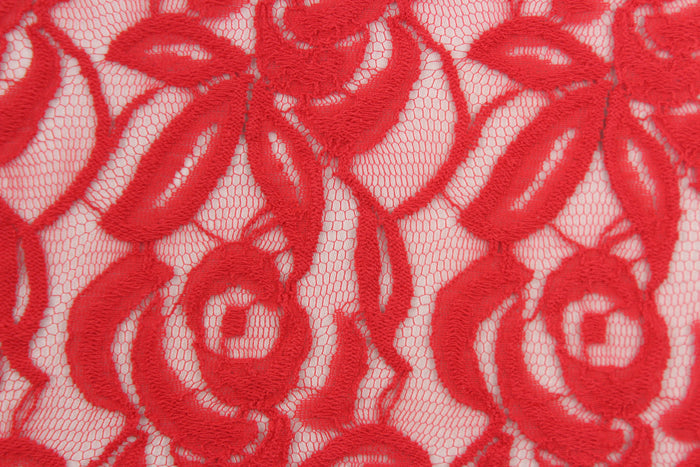 This lace features a floral design in a beautiful red tone  with a stretch.