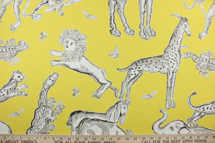 Experience the perfect blend of comfort and style with Duralee© Langdon in Yellow.  Crafted from a soft cotton blend, this fabric features whimsical yellow and gray animals and insects, perfect for giving any room a charming atmosphere.  It can be used for several different statement projects including window accents (drapery, curtains and swags), toss pillows, headboards, bedding, upholstery, and more.