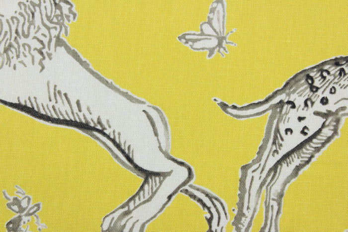 Experience the perfect blend of comfort and style with Duralee© Langdon in Yellow.  Crafted from a soft cotton blend, this fabric features whimsical yellow and gray animals and insects, perfect for giving any room a charming atmosphere.  It can be used for several different statement projects including window accents (drapery, curtains and swags), toss pillows, headboards, bedding, upholstery, and more.