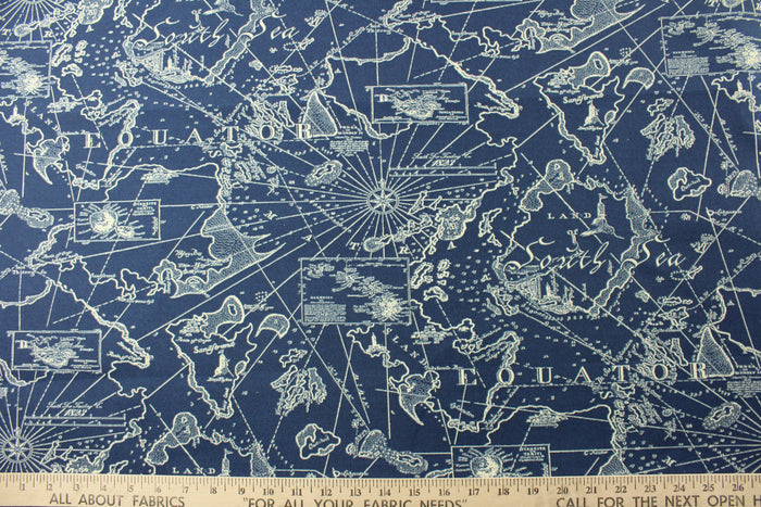 Experience the ultimate in outdoor luxury with Tommy Bahama© Outdoor South Sea fabric. Made from durable materials and designed to resist UV damage for up to 500 hours, this multipurpose fabric features a stunning map of the sea in navy blue and cream. With 51,000 double rubs, it is as durable as it is stylish. Great for<span data-mce-fragment="1"> cushions, upholstery projects, decorative pillows and craft projects.&nbsp; Recommended to store away when not in use.</span>